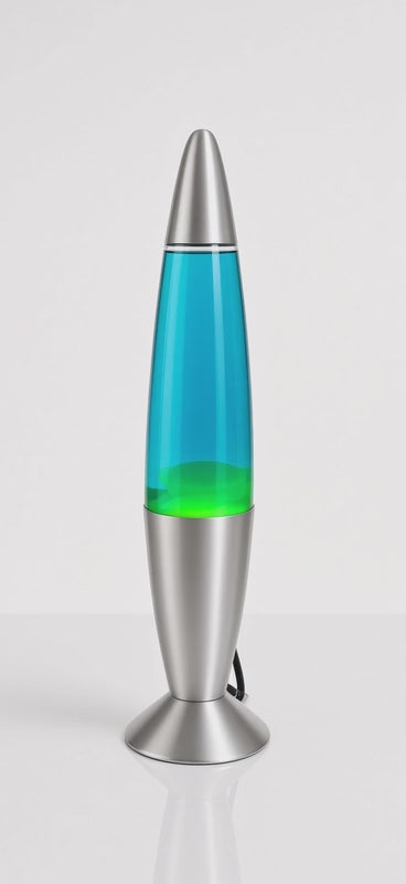 Vintage Lava Lamp Rocket in Yellow with Blue Liquid. Features a unique rocket design.